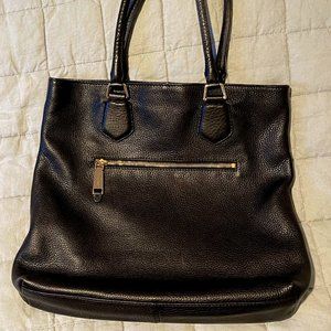 Classic black Cole Haan leather tote with pale gold trim